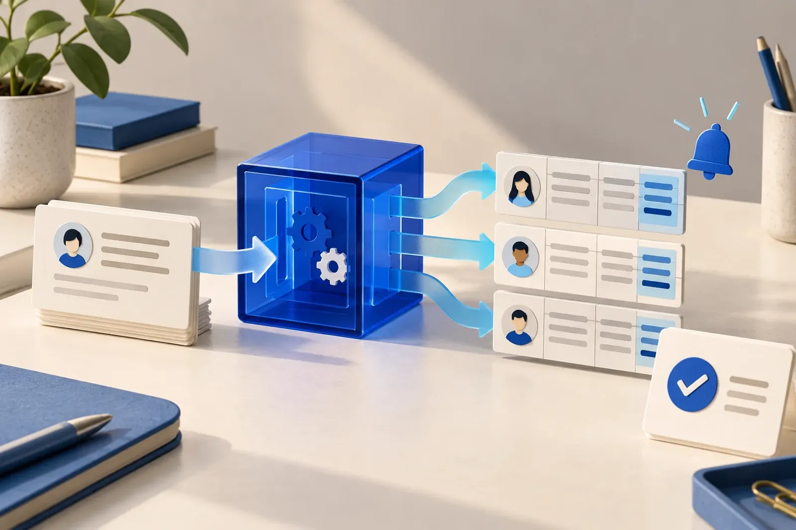 Editorial illustration of cards passing through an automation hub for review