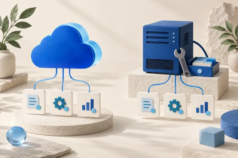 Editorial illustration comparing a managed cloud with a small server and maintenance tools