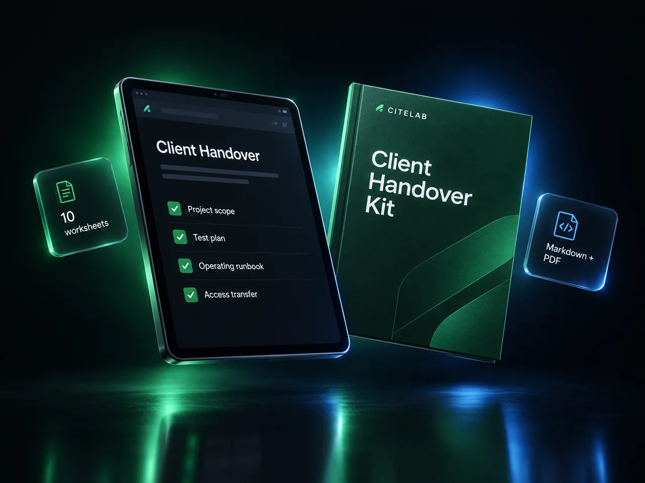 Client Handover Kit shown on a tablet with its project scope, test plan, operating runbook and access transfer checklist