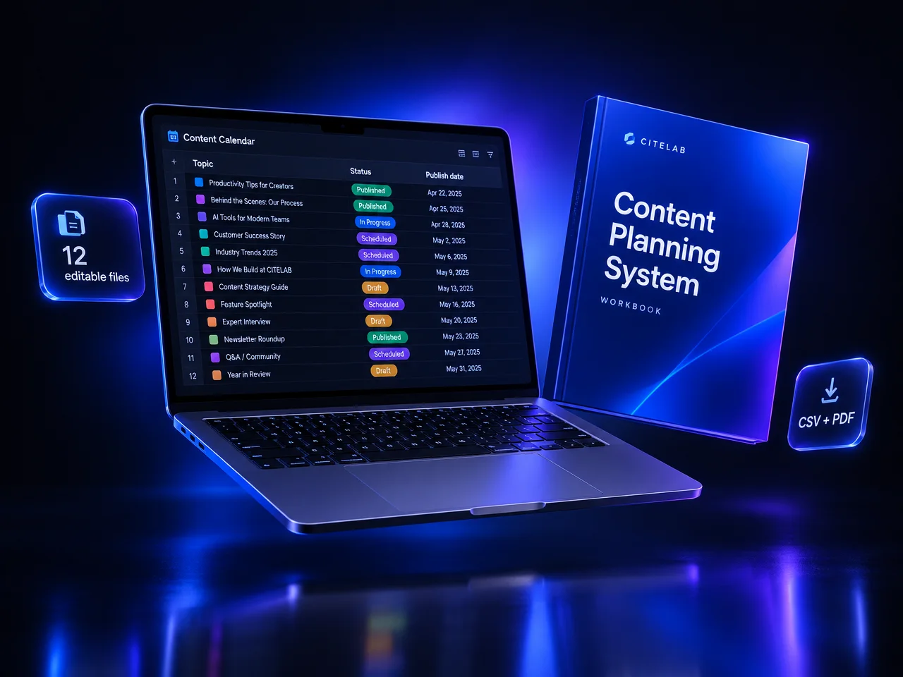 Content Planning System shown on a laptop with an example content calendar spreadsheet next to the workbook cover
