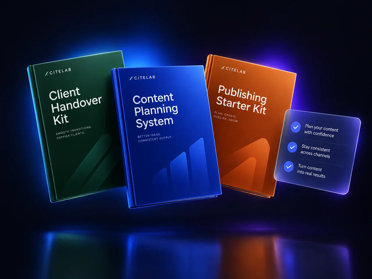 Three CiteLab digital kits — Client Handover Kit, Content Planning System and Publishing Starter Kit — shown as glowing covers next to a checklist card.